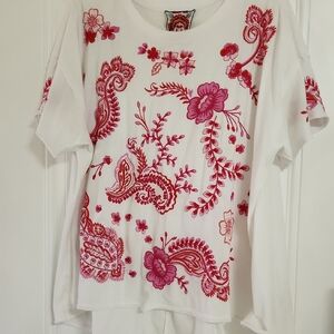 Johnny Was White Tee with Pink Floral Embroidery